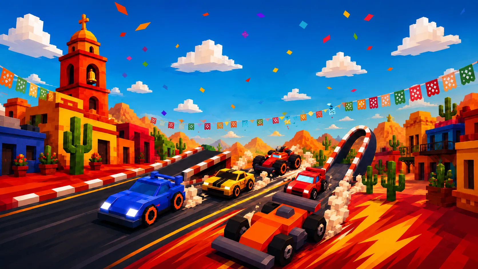 Poco Loco cars racing through a colorful desert town